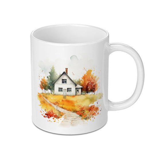 Cozy Autumn Home Mug, Watercolor House Coffee Mug, Fall Decor Mug, Farmhouse Mug, Autumn Landscape Mug, House Illustration Mug - Tawshia
