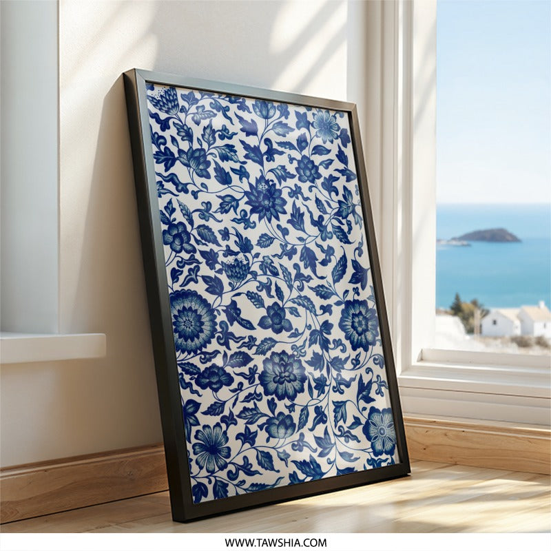 Blue Floral Wall Art, Chinoiserie Pattern Print, Botanical Wall Decor, Traditional Home Art, Elegant Flower Design, Classic Wall Art - Tawshia