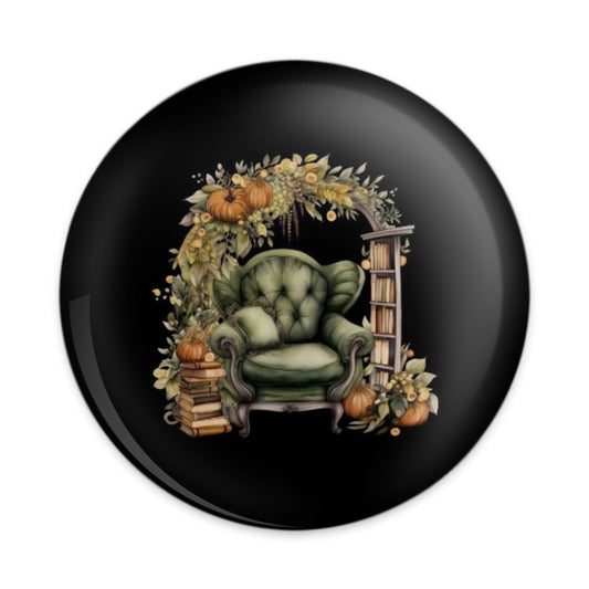 Autumn Reading Nook Pinback Button, Cozy Chair Pin, Fall Decor Button, Book Lover Gift, Literary Accessory, Pumpkin Theme Pin, Book Stack - Tawshia