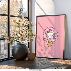 Kawaii Unicorn Wall Art, Ice Cream Cone, Cute Unicorn Print, Pastel Wall Decor, Kids Room Art, Nursery Art, Whimsical Art - Tawshia