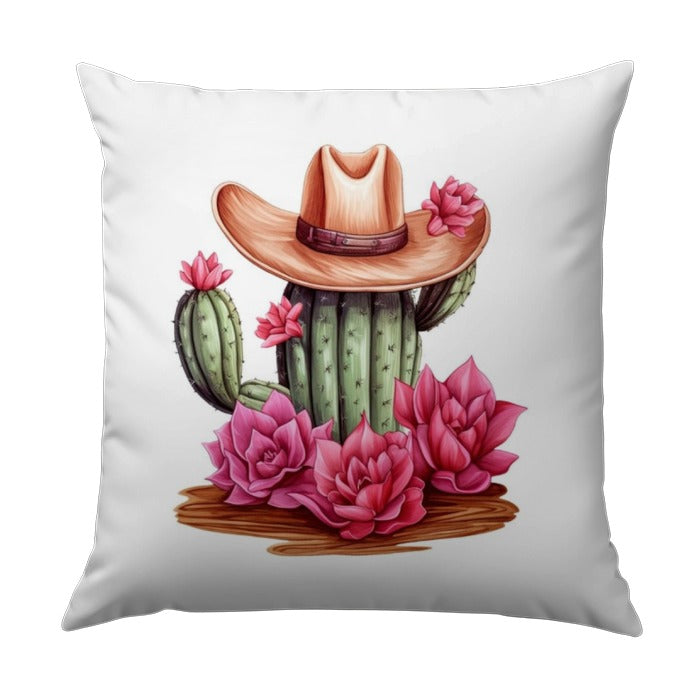 Cactus Pillow, Cowboy Hat Decor, Southwest Home Decor, Pink Flower Accent Pillow, Desert Theme Cushion, Western Decor, Gift for Plant Lover - Tawshia