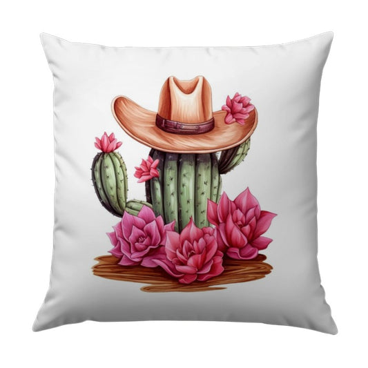 Cactus Pillow, Cowboy Hat Decor, Southwest Home Decor, Pink Flower Accent Pillow, Desert Theme Cushion, Western Decor, Gift for Plant Lover - Tawshia