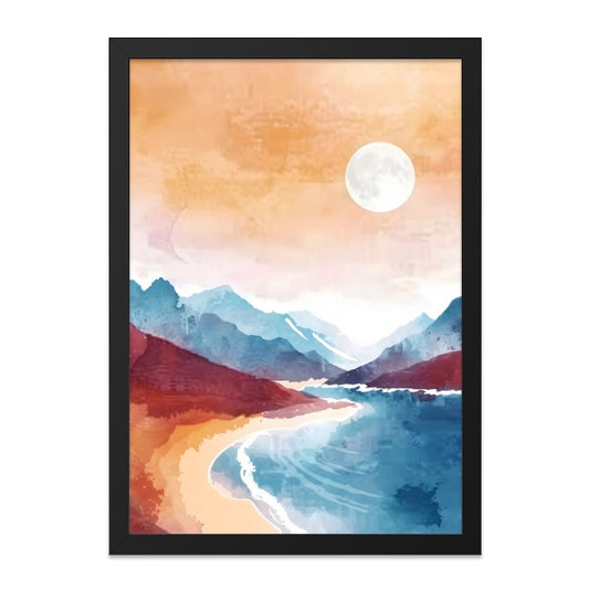 Watercolor Landscape Wall Art, Moon Art Print, Beach Scene Painting, Mountain Home Decor, Nature Artwork, Minimalist Scenery - Tawshia