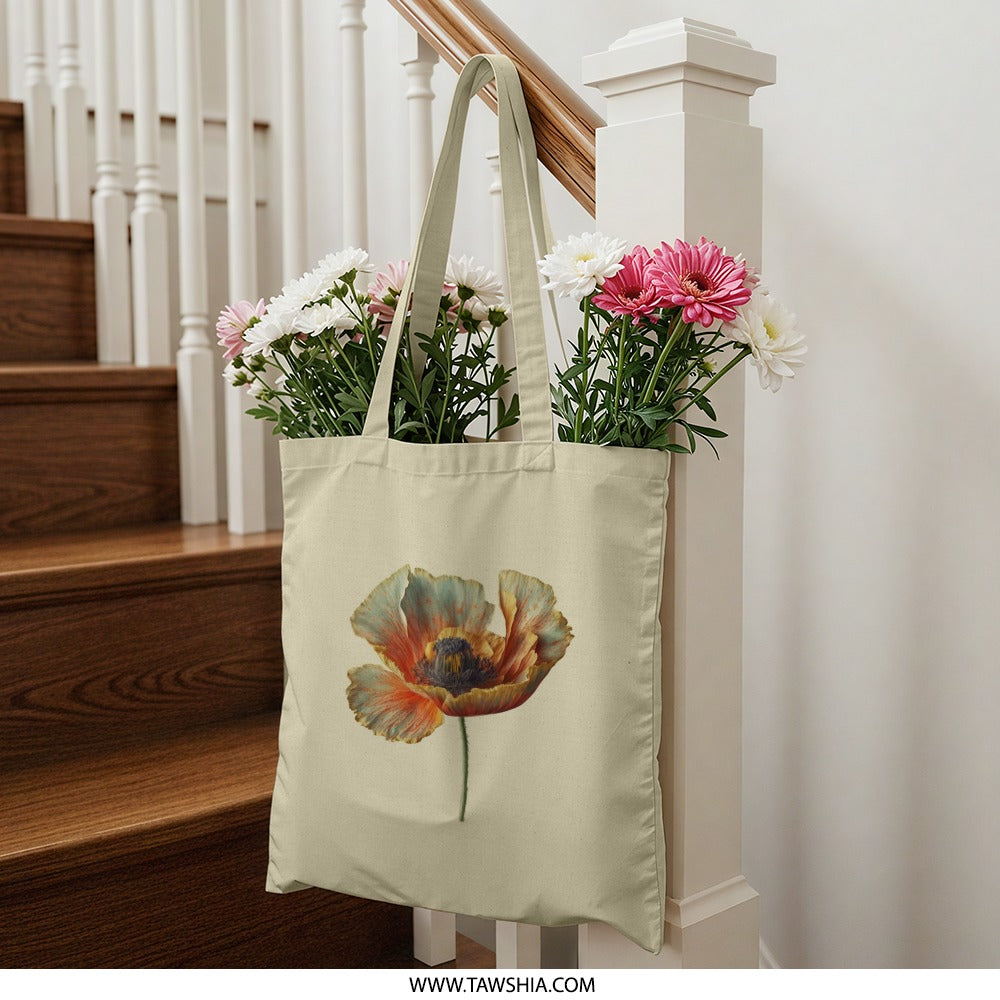 Poppy Flower Tote Bag, Floral Design, Botanical Art Bag, Aesthetic Bag, Gift for Her, Everyday Bag, Cute Bag, Shopping Bag - Tawshia