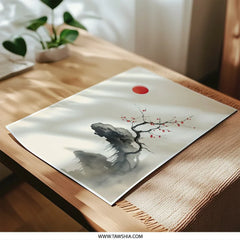 Japanese Art Photographic Print, Sumi e Ink Art, Red Sun Decor, Minimalist Tree Art, Zen Art Print, Nature Wall Art, Oriental Art, Gift Idea - Tawshia
