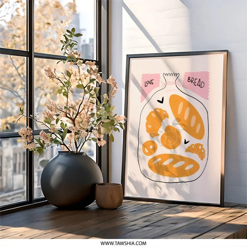 Love Bread Wall Art, Bakery Wall Decor, Kitchen Print, Foodie Gift, Bread Lover, Cute Pastry Illustration, Culinary Art Print - Tawshia