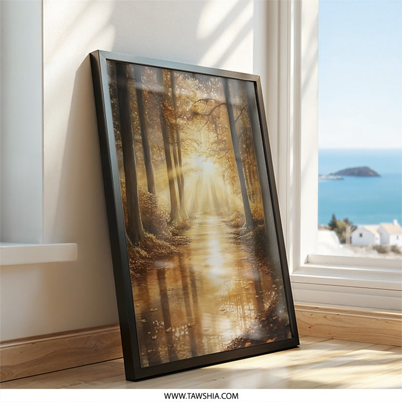 Golden Forest Wall Art, Autumn Landscape Print, Sunlight Through Trees, Nature Photography, Scenic Wall Decor - Tawshia