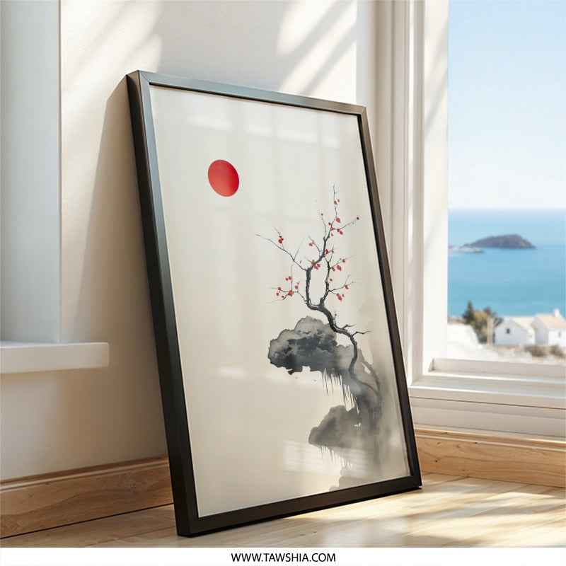 Japanese Wall Art, Cherry Blossom Tree, Zen Print, Red Sun Art, Minimalist Home Decor, Oriental Artwork, Serene Landscape - Tawshia