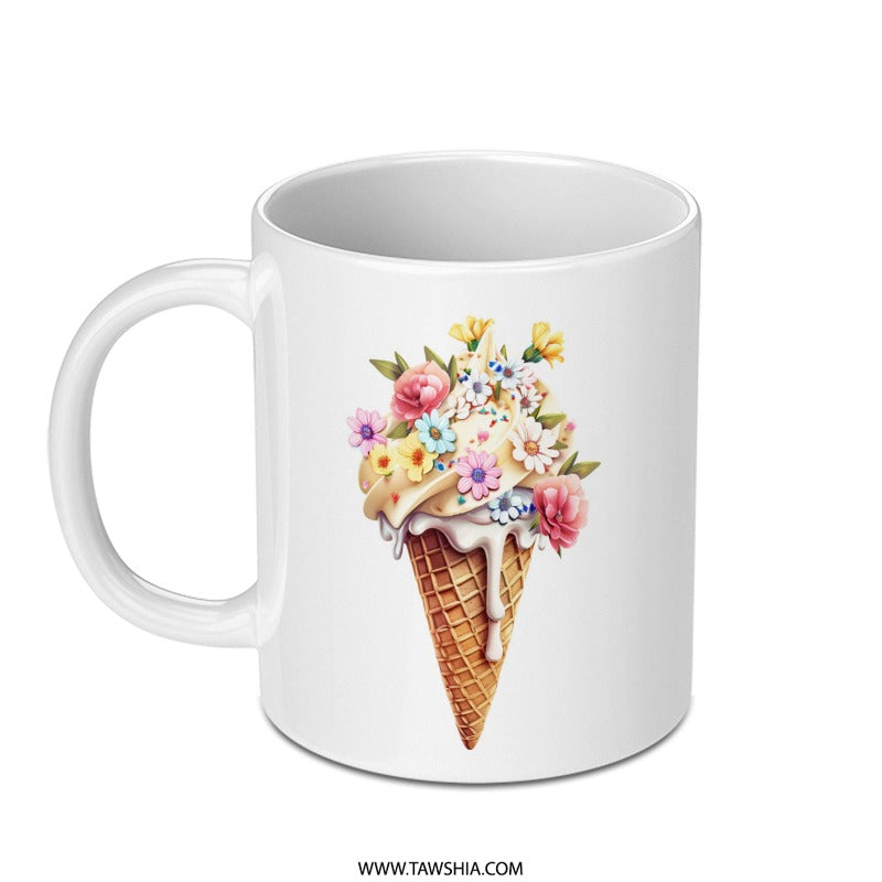 Floral Ice Cream Cone Mug, Cute Mug, Coffee Mug, Tea Mug, Unique Design Mug, Gift Mug, Flower Mug, Food Mug, Drinkware Mug (134) - Tawshia