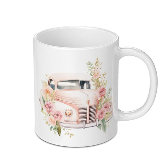 Floral Car Mug, Vintage Truck Mug, Pink Car Coffee Cup, Flower Car Lover Gift, Cute Car Art Mug, Watercolor Car Mug - Tawshia