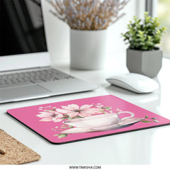 Floral Mouse Pad, Pink Flowers, Tea Cup Design, Computer Accessory, Desk Decor, Cute Mousepad, Gift Idea, Stylish Mousepad (131) - Tawshia