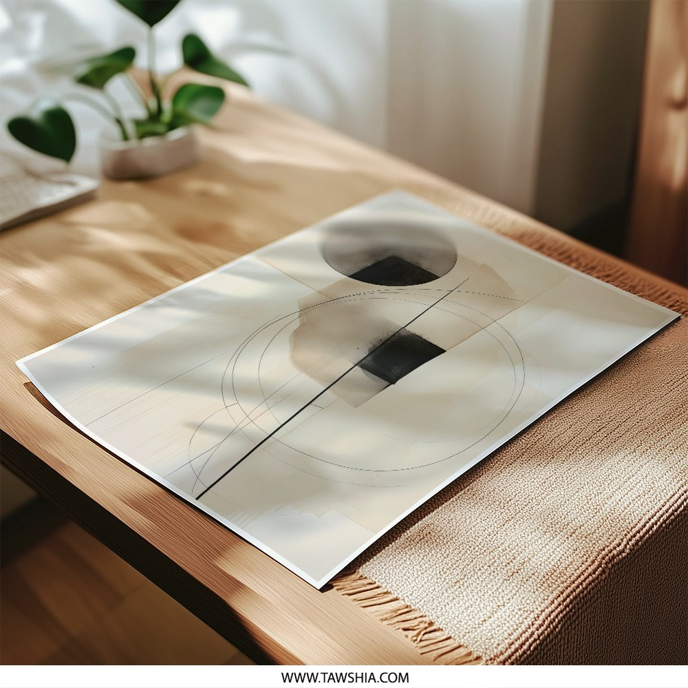 Abstract Art Photographic Print, Geometric Shapes Wall Decor, Modern Beige Home Art, Minimalist Print Artwork, Circle Square Poster - Tawshia