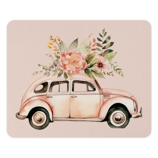Vintage Car Mouse Pad, Floral Bouquet Mousepad, Retro Vehicle Art, Aesthetic Desk Decor, Gift for Car Lover, Elegant Office Accessory - Tawshia