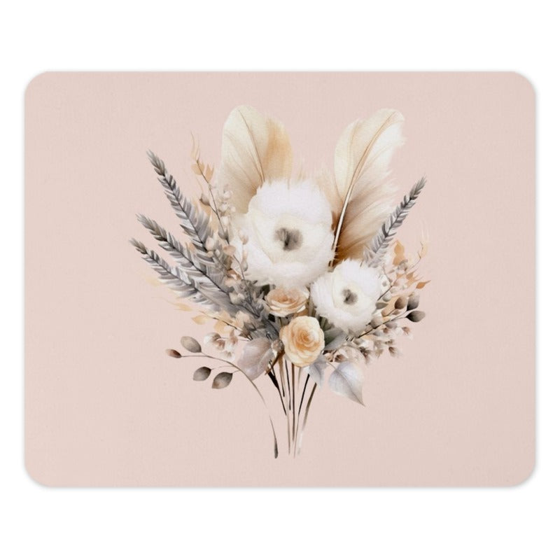 Boho Floral Mouse Pad, Feather Bouquet Mousepad, Elegant Computer Accessory, Pastel Office Decor, Desk Mat for Her, Unique Floral Gift Idea - Tawshia
