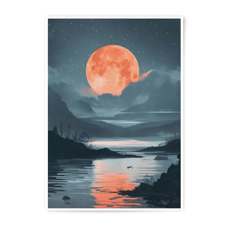 Blood Moon Photographic Print, Fantasy Landscape Art, Night Sky Wall Decor, Lake Reflection, Ethereal Art Print, Nature Photography - Tawshia