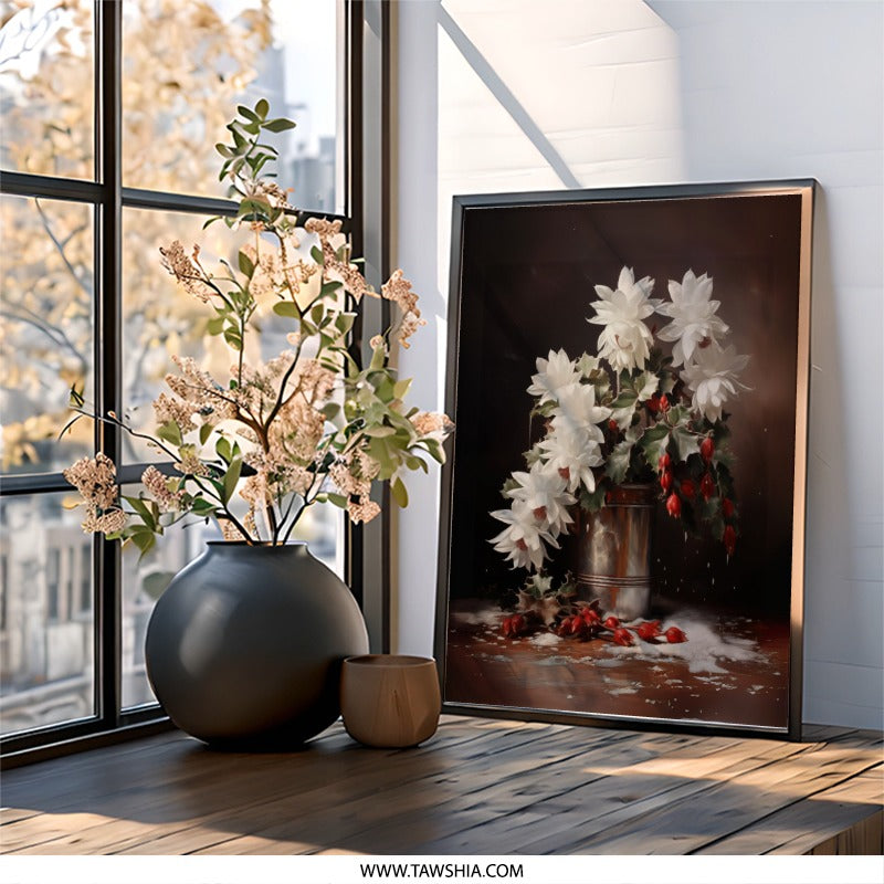 Christmas Cactus Wall Art, Holiday Blooms Print, Winter Flowers, Christmas Decor, Festive Wall Hanging, Floral Still Life, Home Decor - Tawshia
