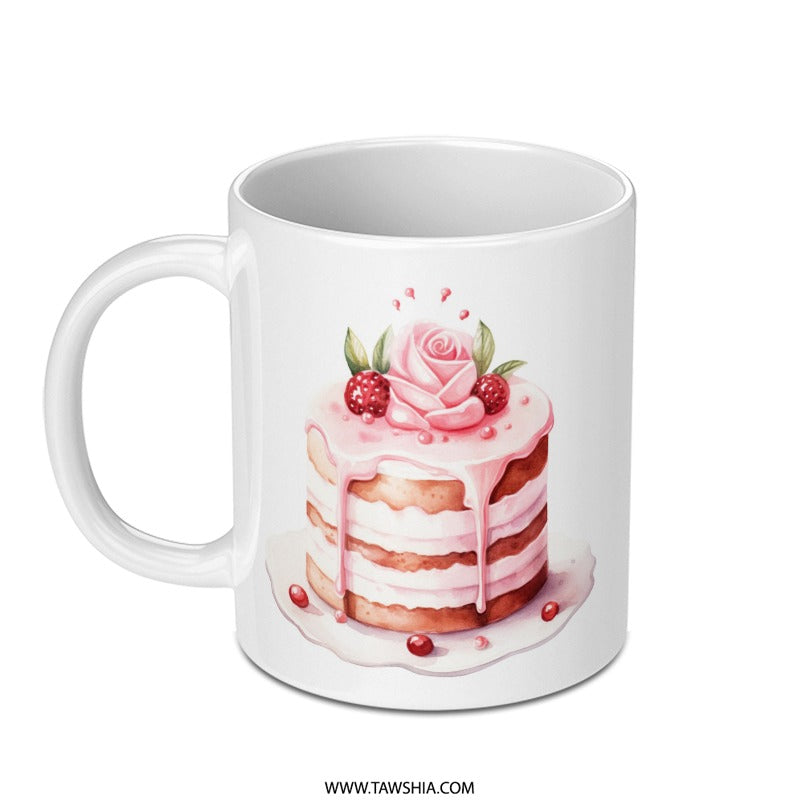 Cake Mug, Watercolor Cake, Dessert Mug, Raspberry Cake Art, Rose Cake Mug, Birthday Gift Mug, Baking Lover Mug, Coffee Mug, Tea Mug - Tawshia