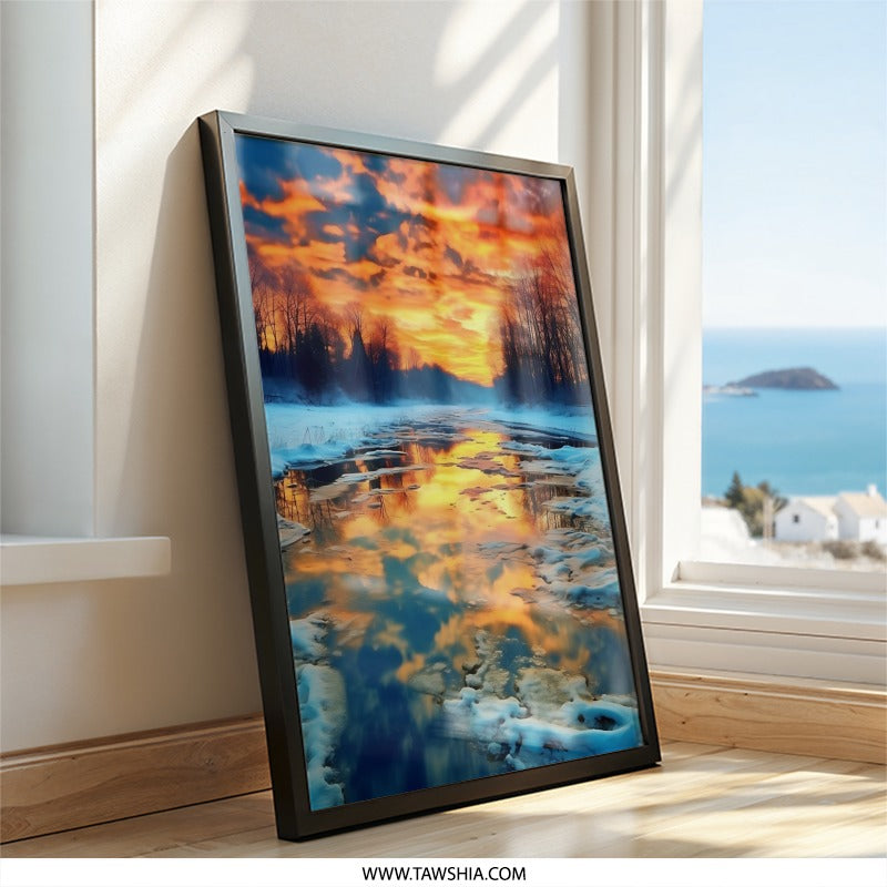 Winter Sunset Reflection, River Landscape Wall Art, Nature Scenery Print, Vivid Sky Art, Winter Decor, Home Decor Wall Art - Tawshia
