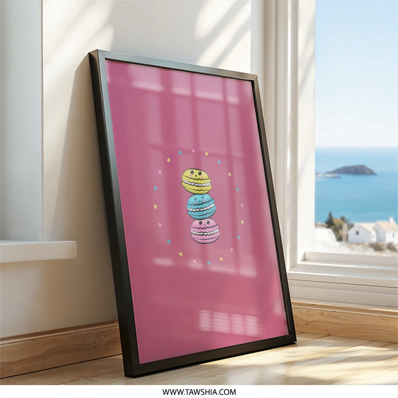 Macaron Wall Art, Kawaii Food Print, Cute Dessert Illustration, Pink Background, Colorful Pastry, Home Decor, Kitchen Art - Tawshia