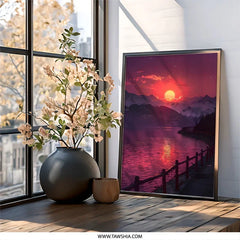 Sunset Lake Mountain Wall Art, Beautiful Nature Landscape Print, Pink Purple Sky Scenery, Wall Decor for Home, Living Room, Bedroom - Tawshia