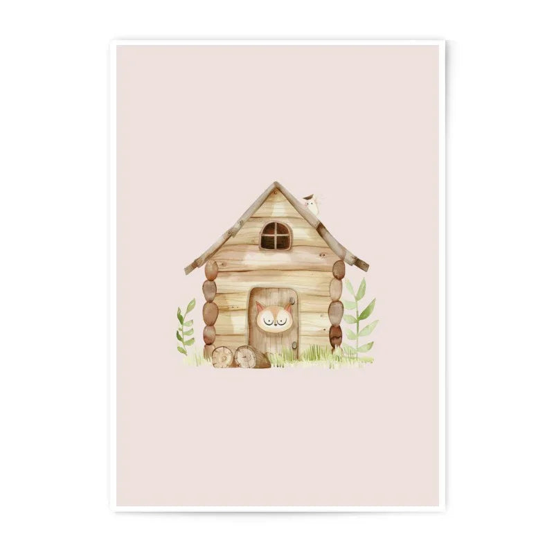 Watercolor Cabin Photographic Prints, Cute Owl House Print, Whimsical Nursery Wall Art, Woodland Animal Art, Kids Room Decor - Tawshia