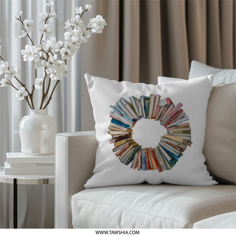 Book Wreath Pillow, Book Lover Gift, Reading Nook Decor, Literary Pillow, Home Decor, Bookish Gift, Teacher Pillow, Gift For Librarian - Tawshia