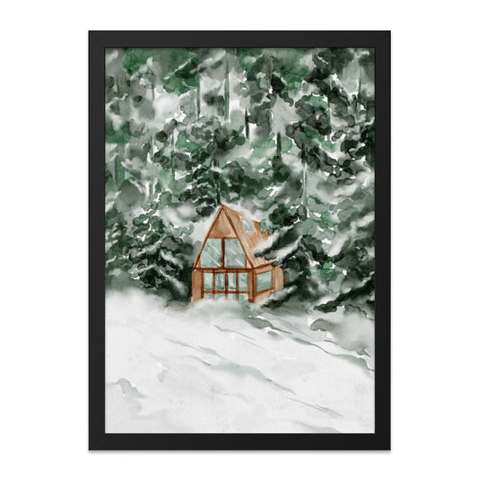 Snowy Cabin Wall Art, Winter Landscape Print, A Frame House Decor, Forest Scenery Artwork, Cozy Home Painting, Holiday Wall Decor - Tawshia