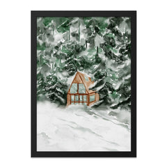Snowy Cabin Wall Art, Winter Landscape Print, A Frame House Decor, Forest Scenery Artwork, Cozy Home Painting, Holiday Wall Decor - Tawshia