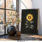 Sunflower Wall Art, Floral Print, Botanical Wall Decor, Modern Home Decor, Black Background Art, Summer Flower Art, Gift Idea - Tawshia