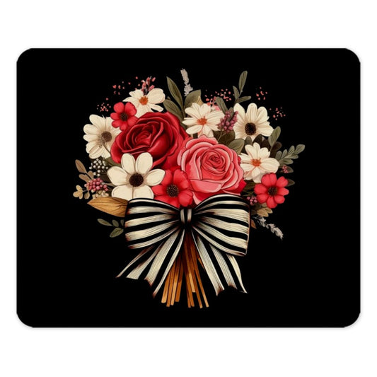Floral Bouquet Mouse Pad, Elegant Roses Mousepad, Striped Bow Computer Mat, Flower Power Office Decor, Trendy Gift for Her Mouse Pad - Tawshia