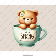 Hello Spring Teddy Bear Mouse Pad, Cute Bear in Tea Cup, Floral Bear PC Accessory, Spring Decor Desk Mat, Animal Lover Gift - Tawshia