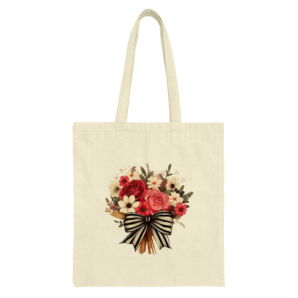 Floral Bouquet Tote Bag, Elegant Rose Design, Striped Bow Accent, Stylish Tote, Everyday Bag, Gift Idea, Shopping Tote, Book Tote - Tawshia