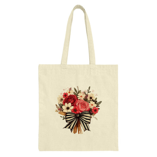Floral Bouquet Tote Bag, Elegant Rose Design, Striped Bow Accent, Stylish Tote, Everyday Bag, Gift Idea, Shopping Tote, Book Tote - Tawshia
