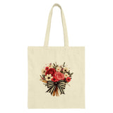 Floral Bouquet Tote Bag, Elegant Rose Design, Striped Bow Accent, Stylish Tote, Everyday Bag, Gift Idea, Shopping Tote, Book Tote - Tawshia