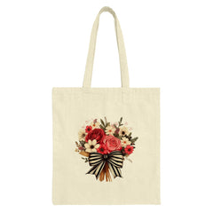 Floral Bouquet Tote Bag, Elegant Rose Design, Striped Bow Accent, Stylish Tote, Everyday Bag, Gift Idea, Shopping Tote, Book Tote - Tawshia