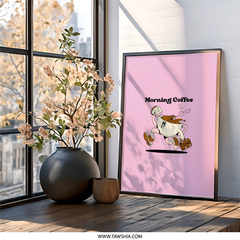 Morning Coffee Wall Art, Cartoon Coffee Cup Print, Funny Office Decor, Coffee Lover Gift, Cute Kitchen Art, Quirky Wall Art - Tawshia