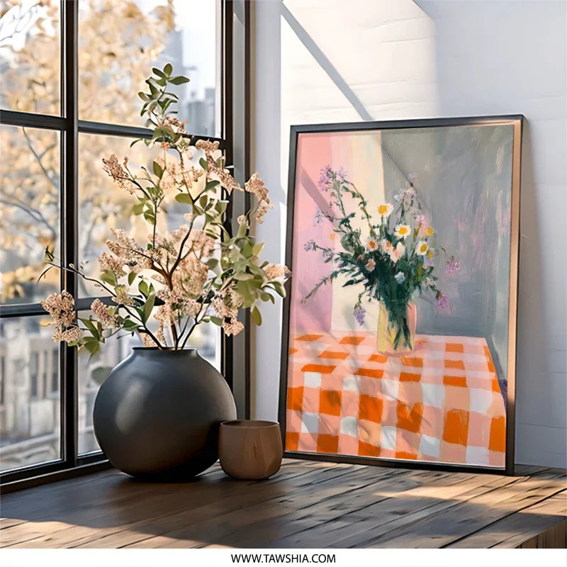 Floral Wall Art, Still Life Painting, Flower Bouquet Print, Checkered Tablecloth Art, Modern Art Print, Home Decor Wall Art - Tawshia