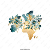 Floral World Map Pillow, Teal Gold Accent, Decorative Throw Cushion, Stylish Home Decor, Elegant Pillow, Unique Design, Accent Pillow - Tawshia