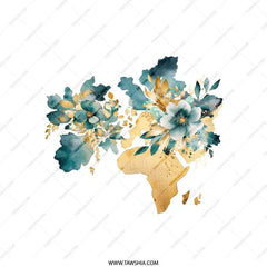 Floral World Map Pillow, Teal Gold Accent, Decorative Throw Cushion, Stylish Home Decor, Elegant Pillow, Unique Design, Accent Pillow - Tawshia