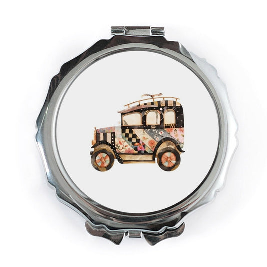 Floral Vintage Car Pocket Mirror, Antique Auto Compact Mirror, Cute Handbag Mirror, Retro Vehicle Makeup Mirror, Portable Pocket Mirror - Tawshia