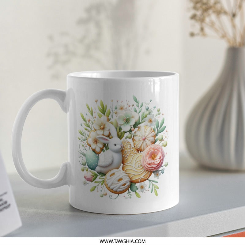 Easter Bunny Mug, Floral Rabbit Coffee Cup, Spring Decor, Cute Holiday Gift Idea, Bunny Lover Mug, Easter Eggs, Springtime Flowers - Tawshia