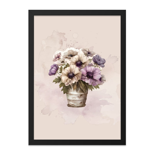 Floral Framed Wall Art, Anemone Flower Decor, Watercolor Print, Botanical Art, Rustic Home Decor, Flower Bouquet in Bucket, Wall Hanging - Tawshia