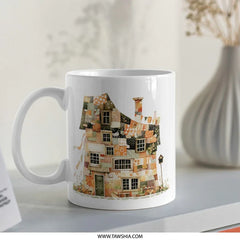 Whimsical House Mug, Patchwork Building Art, Cute Home Design Coffee Mug, Unique Architecture Lover Gift, Cozy Drinkware, Quirky Mug Present - Tawshia