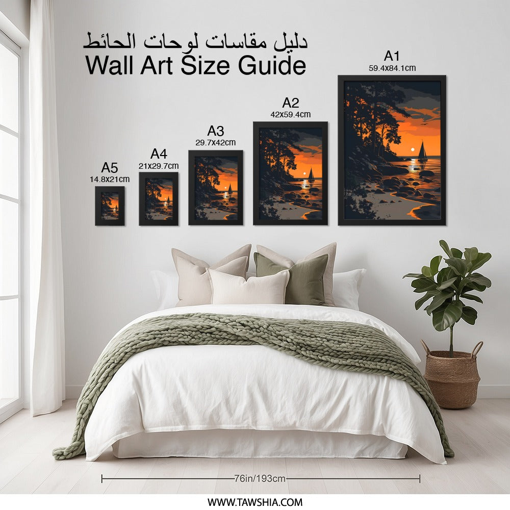 Sunset Sailboat Wall Art, Coastal Scenery Print, Beach Silhouette Poster, Orange Sky Landscape, Scandinavian Design, Nature Artwork - Tawshia