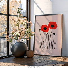 Minimalist Poppy Wall Art, Red Flowers Print, Floral Home Decor, Modern Botanical Art Print, Contemporary Wall Decor - Tawshia