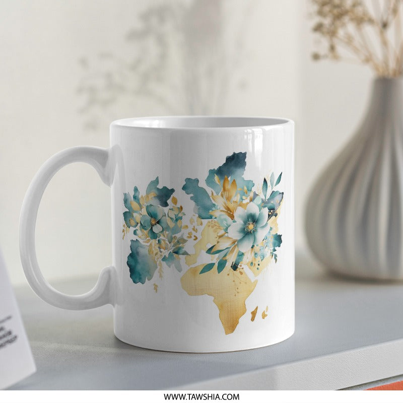 Floral World Map Mug, Teal and Gold Coffee Mug, Travel Lover Gift, Globe Trotting Mug, Watercolor Flower Mug, Artistic Mug Gift - Tawshia