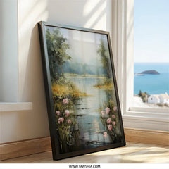 Serene Lake Wall Art, Floral Landscape Print, Tranquil Nature Scene, Peaceful Home Decor, Calming Artwork for Living Room, Gift Idea - Tawshia