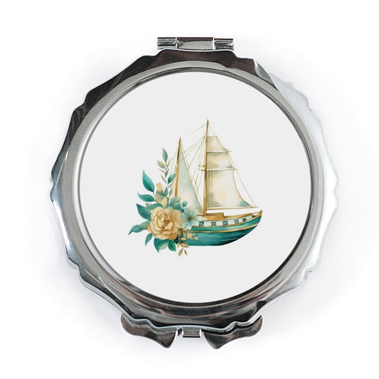 Floral Sailboat Pocket Mirror, Nautical Compact Mirror, Sailing Ship Vanity Mirror, Teal and Gold Travel Mirror, Gifts for Sailors - Tawshia
