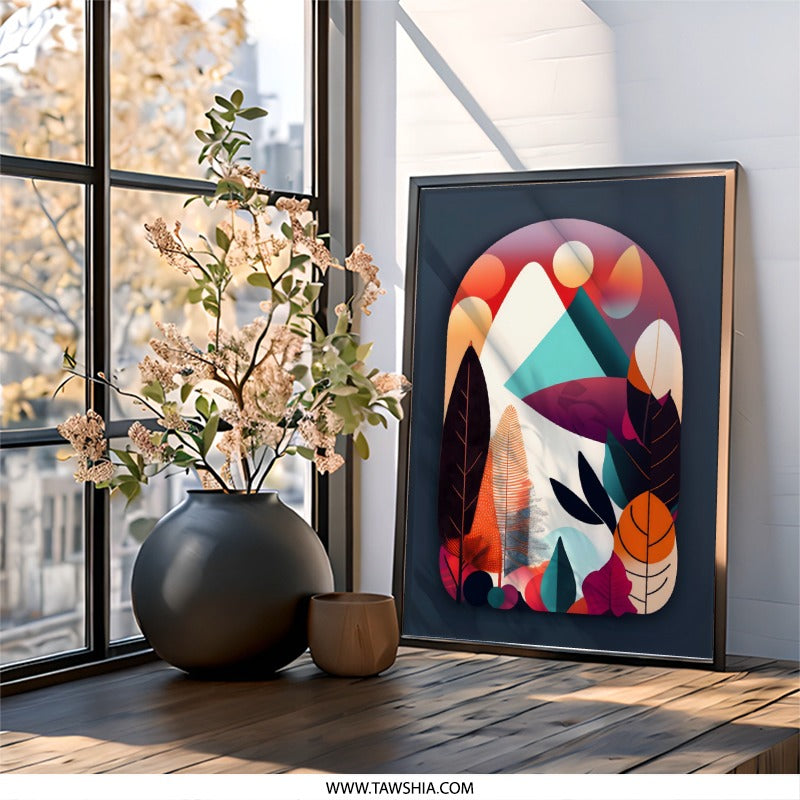 Geometric Landscape Wall Art, Mountain and Foliage Print, Abstract Nature Home Decor, Colorful Art - Tawshia