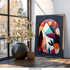 Geometric Landscape Wall Art, Mountain and Foliage Print, Abstract Nature Home Decor, Colorful Art - Tawshia